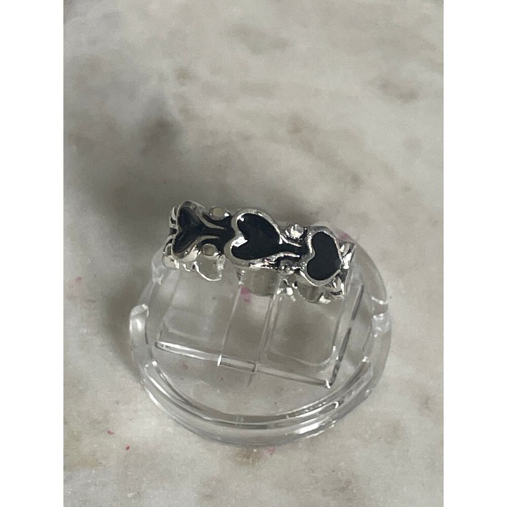 Silver Heart Ring with Black Enamel Accent - Women's Fashion Ring adjustable